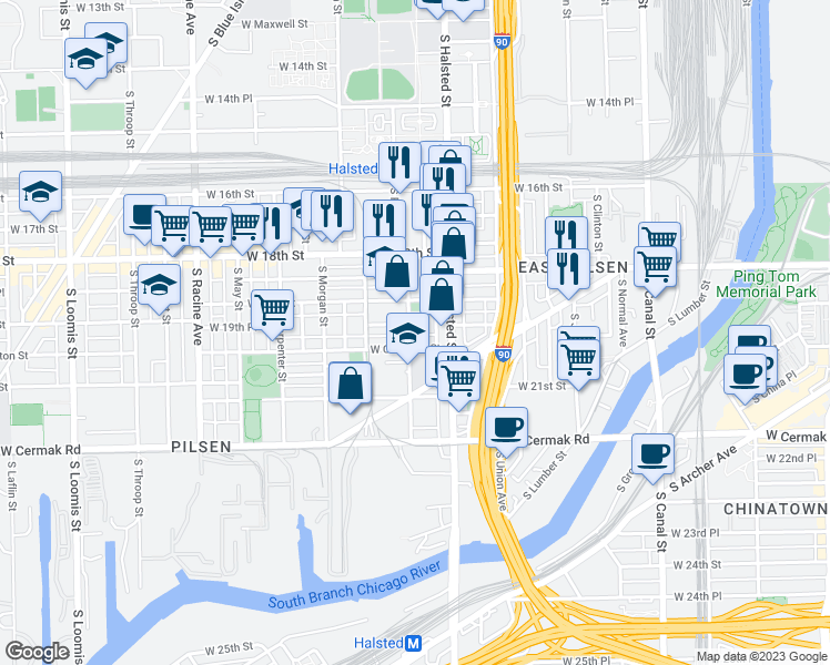 map of restaurants, bars, coffee shops, grocery stores, and more near 1923 South Peoria Street in Chicago
