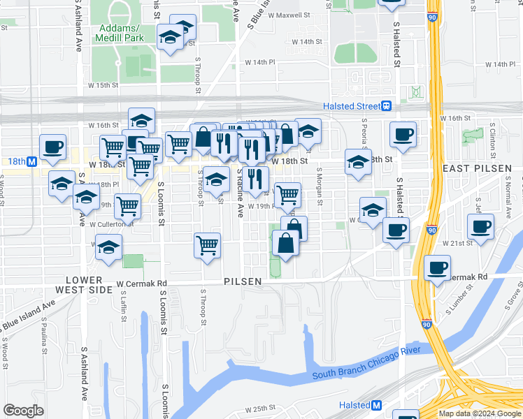 map of restaurants, bars, coffee shops, grocery stores, and more near 1160 West 19th Place in Chicago