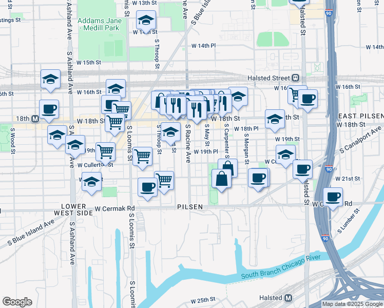 map of restaurants, bars, coffee shops, grocery stores, and more near 1160 West 19th Place in Chicago