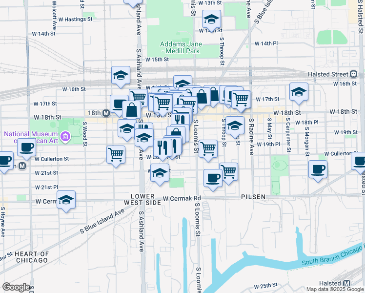 map of restaurants, bars, coffee shops, grocery stores, and more near 1900 South Blue Island Avenue in Chicago