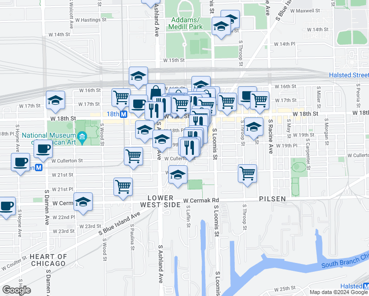 map of restaurants, bars, coffee shops, grocery stores, and more near 1519 West 19th Street in Chicago