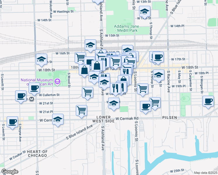 map of restaurants, bars, coffee shops, grocery stores, and more near 1539 West 19th Street in Chicago
