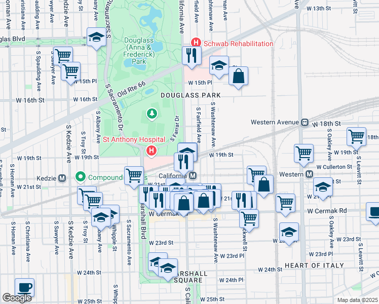 map of restaurants, bars, coffee shops, grocery stores, and more near 1840 South Fairfield Avenue in Chicago