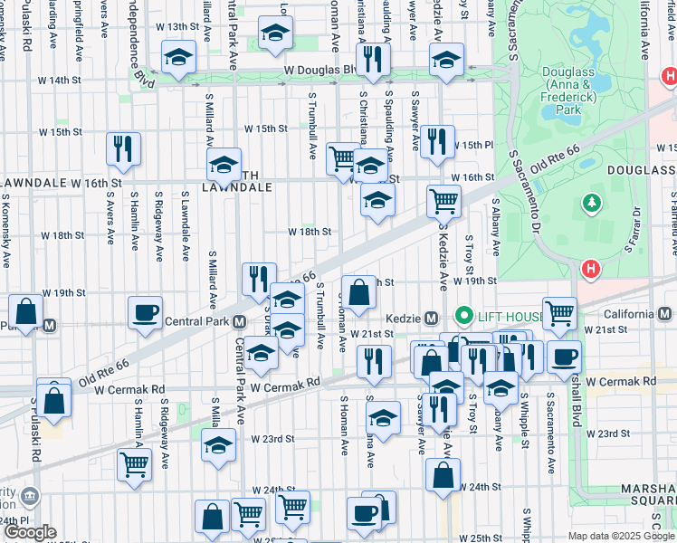 map of restaurants, bars, coffee shops, grocery stores, and more near 3418 West Ogden Avenue in Chicago