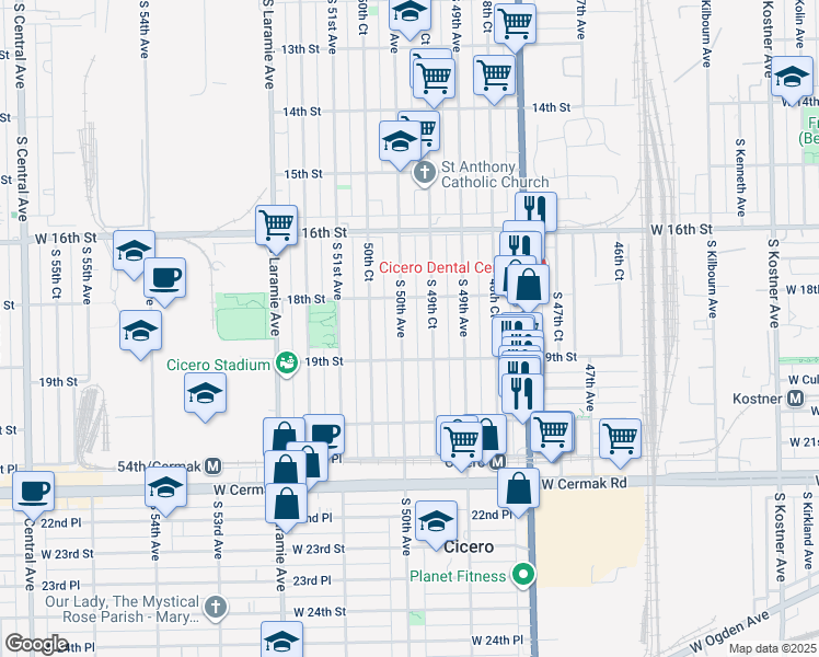 map of restaurants, bars, coffee shops, grocery stores, and more near 1814 South 49th Court in Cicero