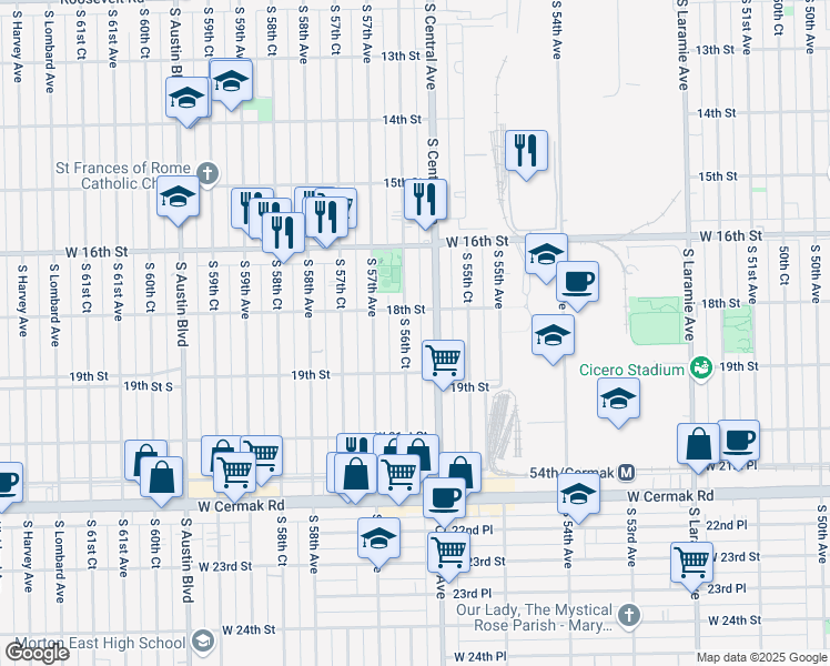 map of restaurants, bars, coffee shops, grocery stores, and more near 1811 South 56th Court in Cicero