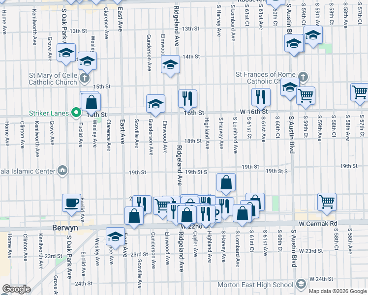 map of restaurants, bars, coffee shops, grocery stores, and more near 1800 Cuyler Avenue in Berwyn