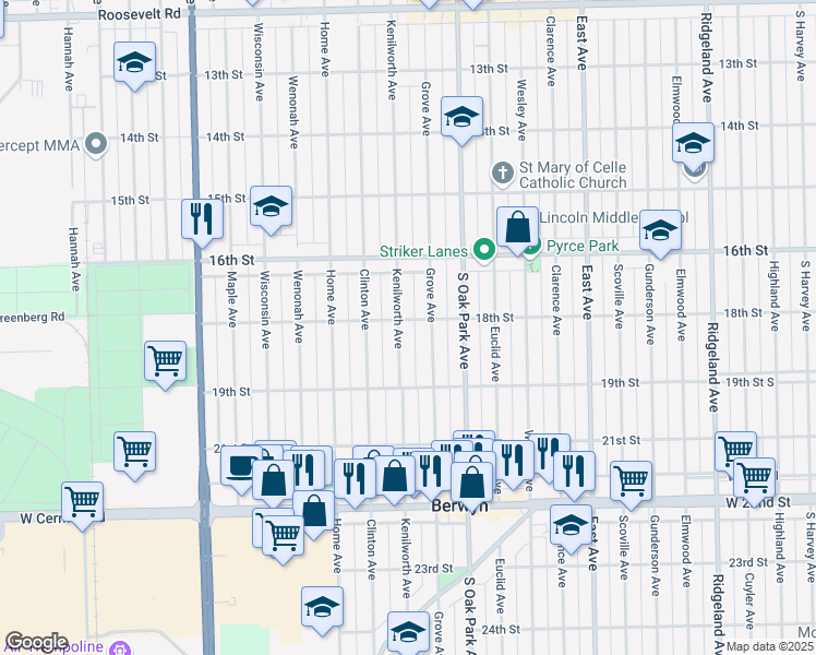 map of restaurants, bars, coffee shops, grocery stores, and more near 1800 Grove Avenue in Berwyn
