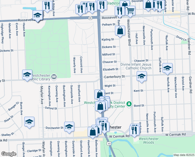 map of restaurants, bars, coffee shops, grocery stores, and more near in Westchester