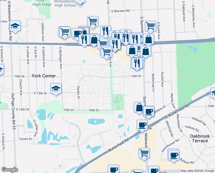 map of restaurants, bars, coffee shops, grocery stores, and more near 18W014 Standish Lane in Villa Park