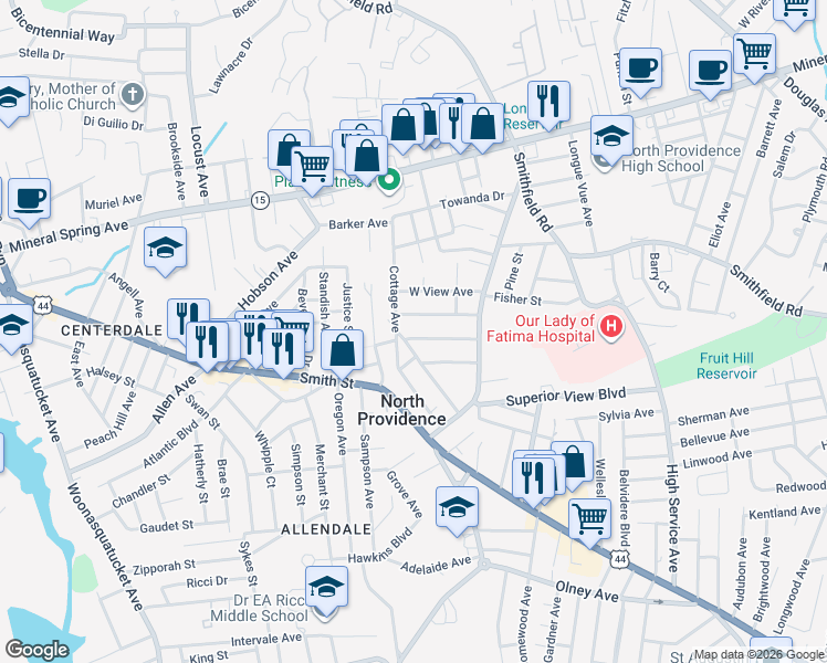 map of restaurants, bars, coffee shops, grocery stores, and more near 93 Cottage Avenue in North Providence
