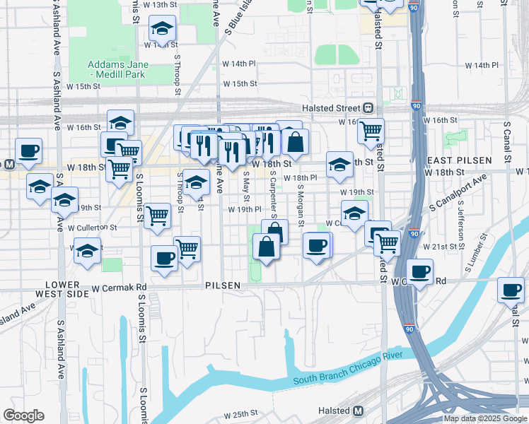map of restaurants, bars, coffee shops, grocery stores, and more near 1113 West 19th Place in Chicago