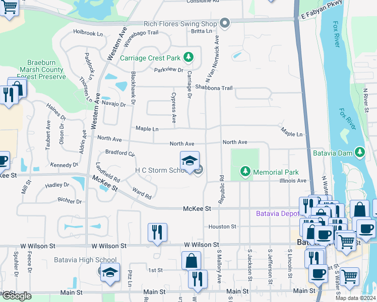 map of restaurants, bars, coffee shops, grocery stores, and more near 1000 Lorlyn Circle in Batavia