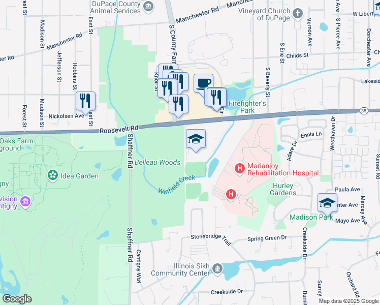 map of restaurants, bars, coffee shops, grocery stores, and more near 2130 West Roosevelt Road in Wheaton