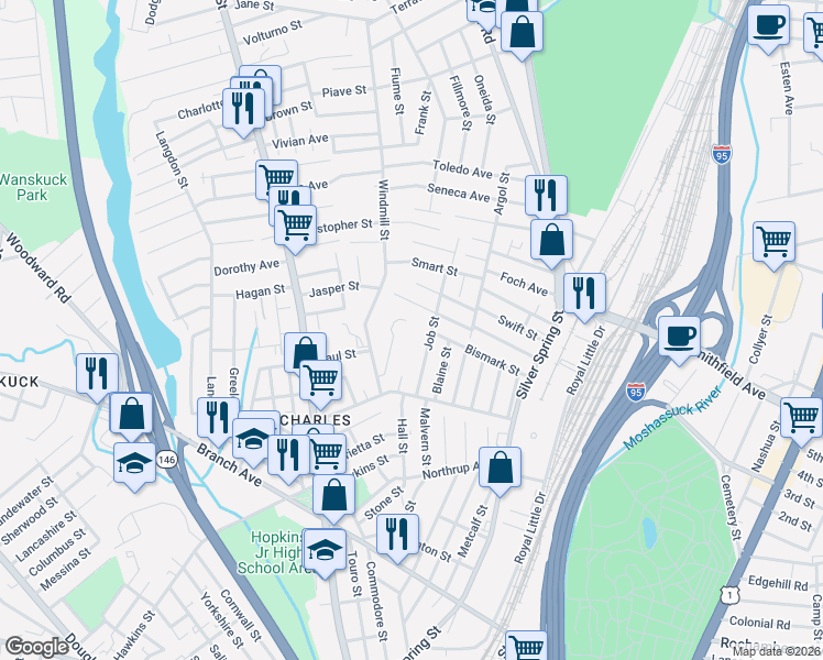map of restaurants, bars, coffee shops, grocery stores, and more near 16 Linda Court in Providence