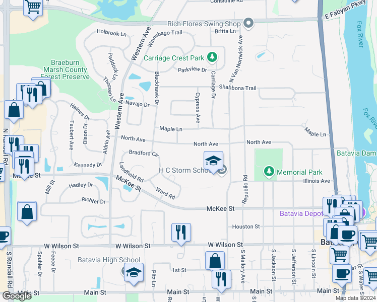 map of restaurants, bars, coffee shops, grocery stores, and more near 1050 Lorlyn Circle in Batavia