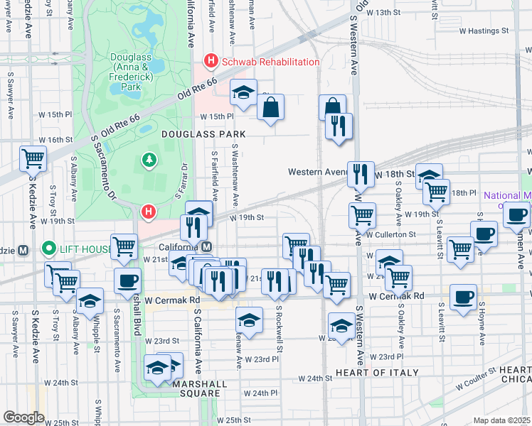 map of restaurants, bars, coffee shops, grocery stores, and more near 2612 West 19th Street in Chicago