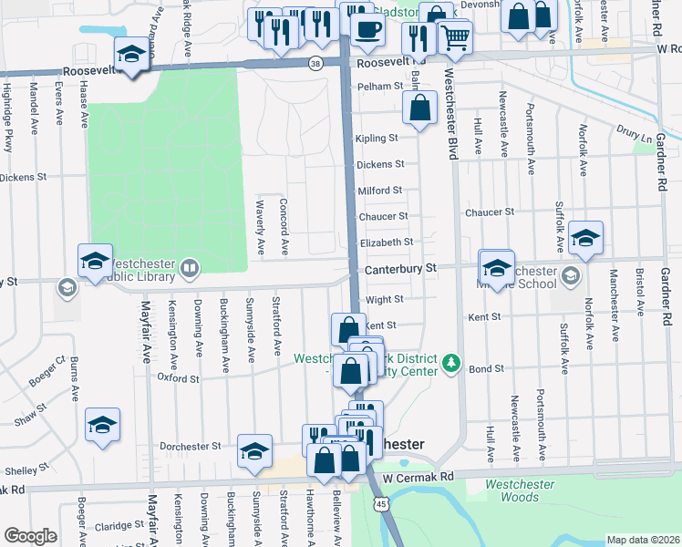 map of restaurants, bars, coffee shops, grocery stores, and more near in Westchester