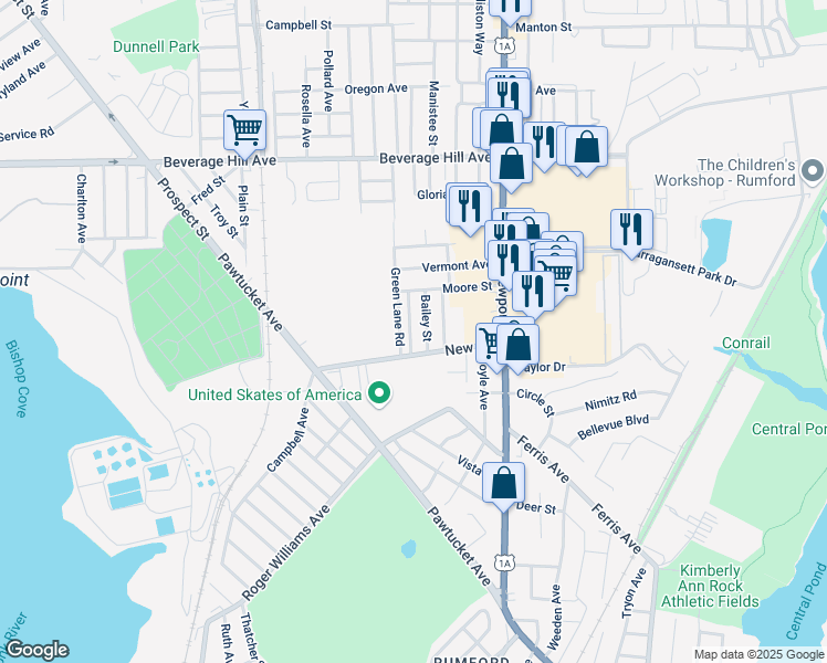 map of restaurants, bars, coffee shops, grocery stores, and more near 19 Lester Street in East Providence