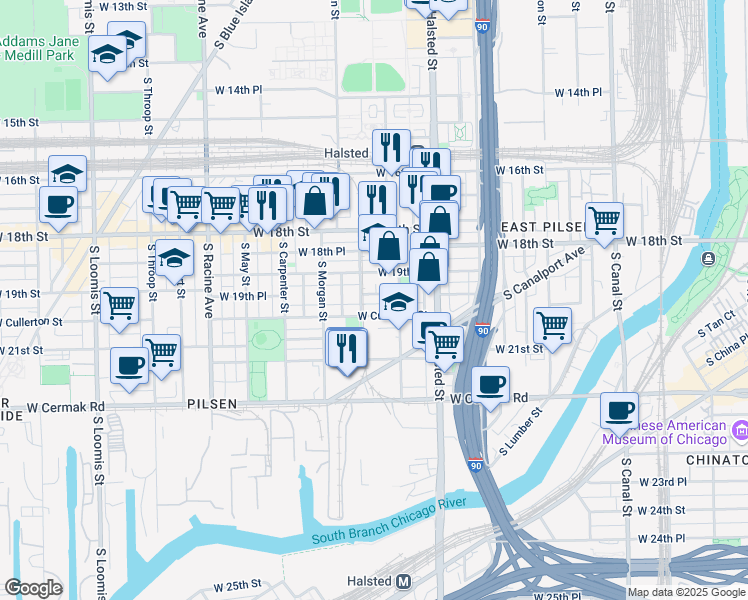 map of restaurants, bars, coffee shops, grocery stores, and more near 917 West 19th Place in Chicago