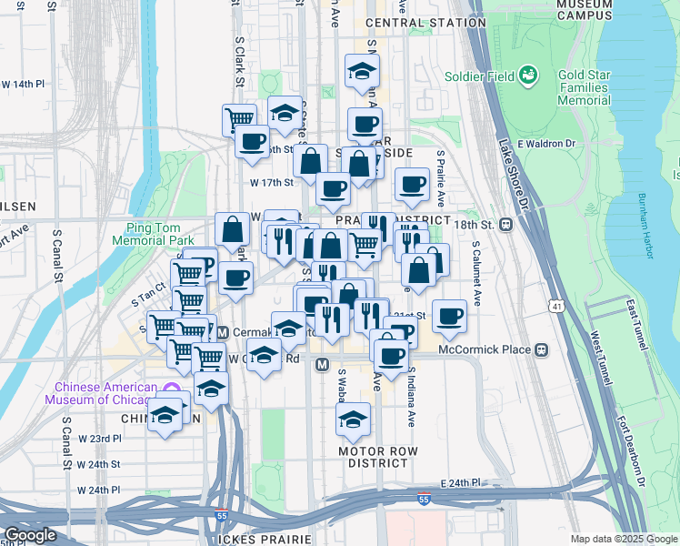 map of restaurants, bars, coffee shops, grocery stores, and more near 1925 South Wabash Avenue in Chicago