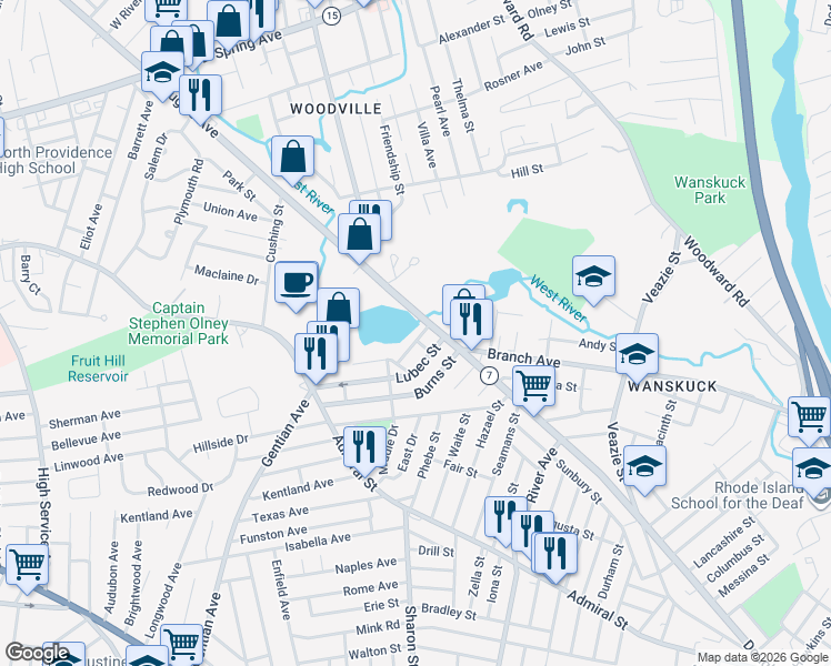 map of restaurants, bars, coffee shops, grocery stores, and more near 1100 Douglas Avenue in Providence