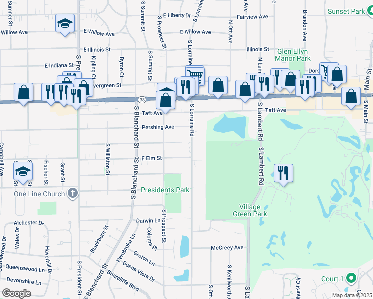 map of restaurants, bars, coffee shops, grocery stores, and more near 1000 South Lorraine Road in Wheaton