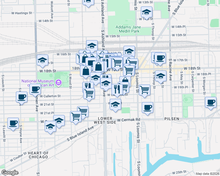 map of restaurants, bars, coffee shops, grocery stores, and more near 1539 West 19th Street in Chicago