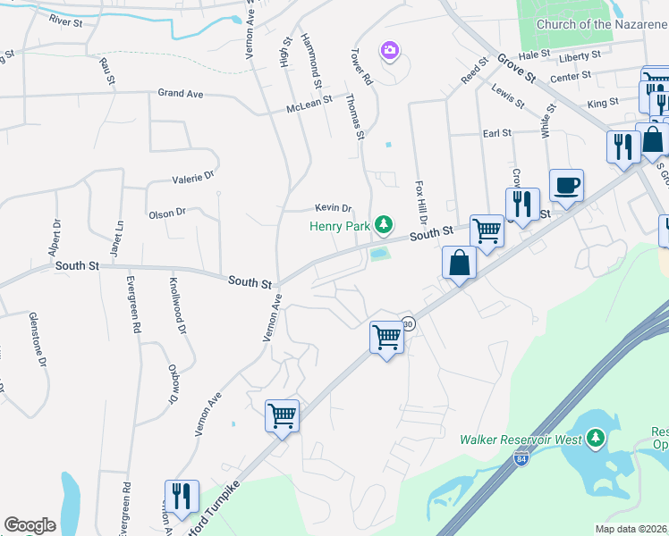 map of restaurants, bars, coffee shops, grocery stores, and more near 165 South Street in Vernon