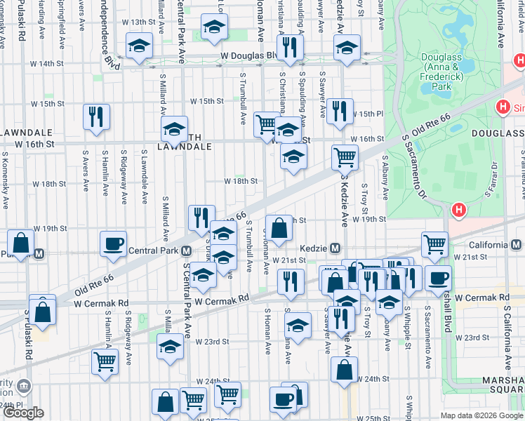 map of restaurants, bars, coffee shops, grocery stores, and more near 3401 West Ogden Avenue in Chicago