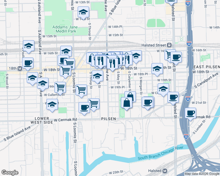 map of restaurants, bars, coffee shops, grocery stores, and more near 1160 West 19th Place in Chicago