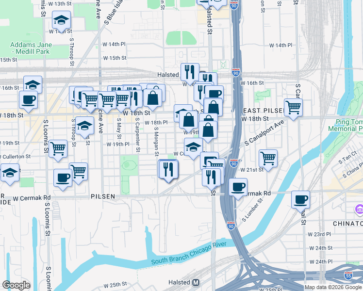 map of restaurants, bars, coffee shops, grocery stores, and more near 919 West 19th Place in Chicago