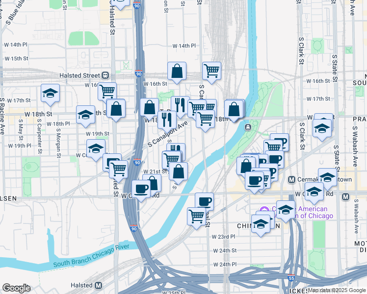 map of restaurants, bars, coffee shops, grocery stores, and more near 542 West Cullerton Street in Chicago
