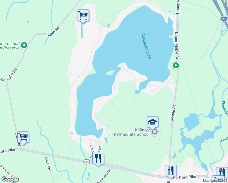 map of restaurants, bars, coffee shops, grocery stores, and more near 56 Island Road in Killingly