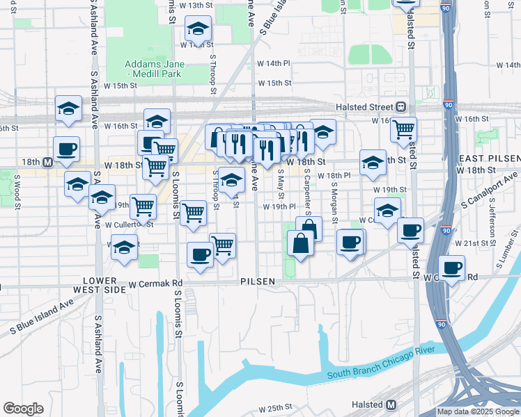 map of restaurants, bars, coffee shops, grocery stores, and more near 1925 South Racine Avenue in Chicago