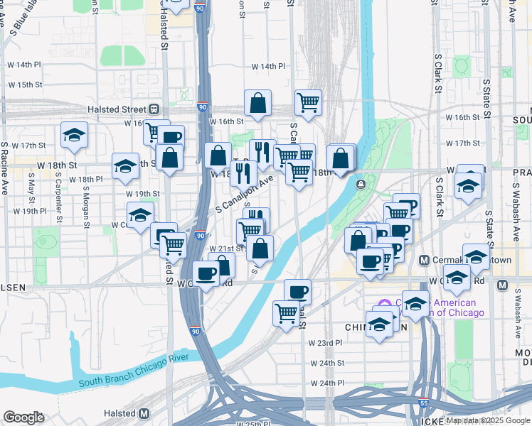 map of restaurants, bars, coffee shops, grocery stores, and more near 542 West Cullerton Street in Chicago