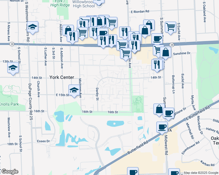 map of restaurants, bars, coffee shops, grocery stores, and more near 1S244 Stratford Lane in Villa Park