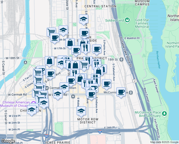map of restaurants, bars, coffee shops, grocery stores, and more near 1925 South Michigan Avenue in Chicago