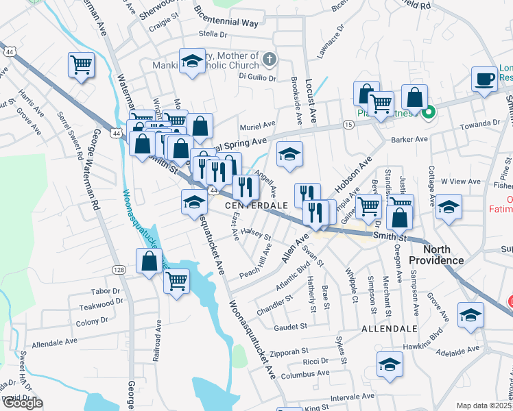 map of restaurants, bars, coffee shops, grocery stores, and more near in North Providence