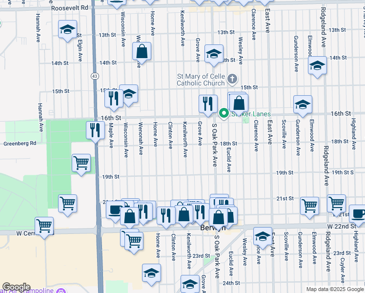 map of restaurants, bars, coffee shops, grocery stores, and more near 1800 Kenilworth Avenue in Berwyn