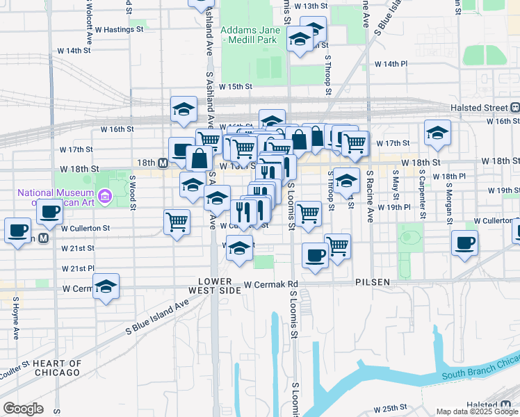 map of restaurants, bars, coffee shops, grocery stores, and more near 1900 S Blue Island Ave in Chicago