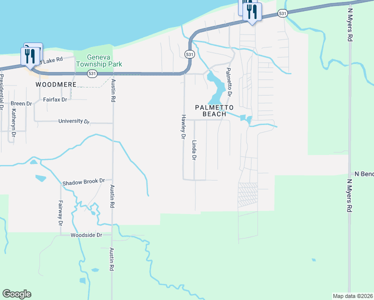 map of restaurants, bars, coffee shops, grocery stores, and more near 4825 Hawley Drive in Geneva