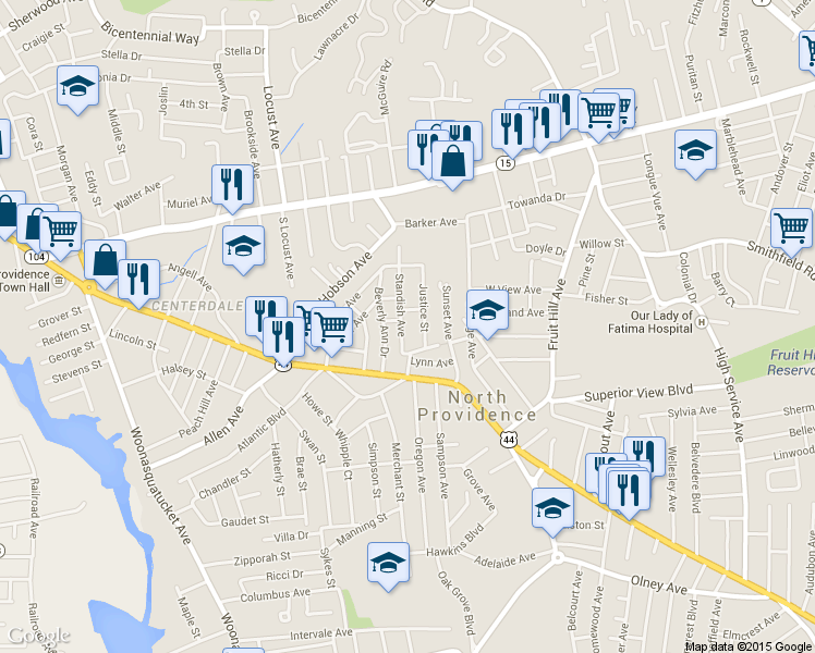 map of restaurants, bars, coffee shops, grocery stores, and more near 39 Standish Avenue in North Providence