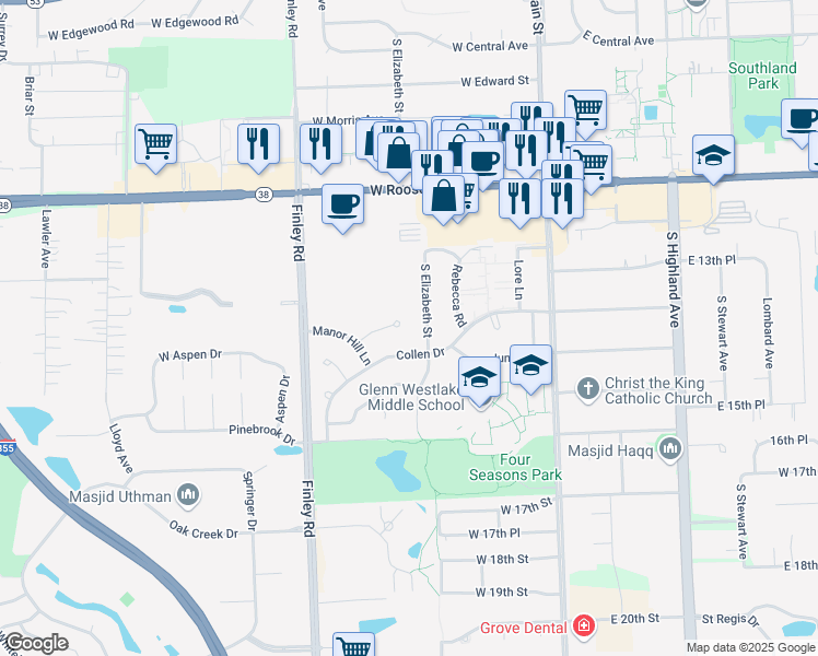 map of restaurants, bars, coffee shops, grocery stores, and more near 309 Manor Hill Court in Lombard