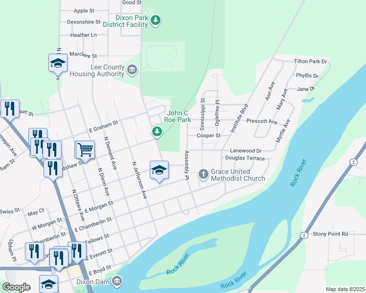 map of restaurants, bars, coffee shops, grocery stores, and more near 716 Washington Avenue in Dixon