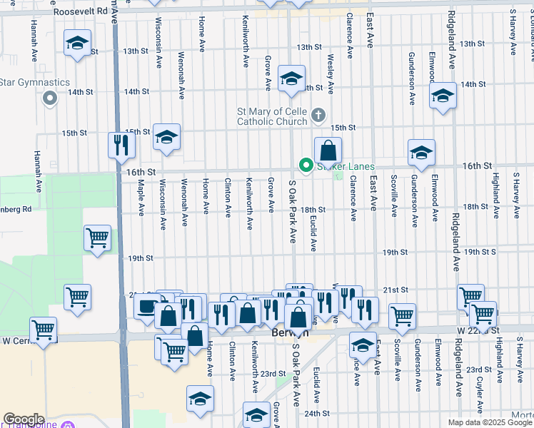 map of restaurants, bars, coffee shops, grocery stores, and more near 1800 Grove Avenue in Berwyn