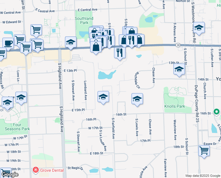 map of restaurants, bars, coffee shops, grocery stores, and more near 1450 South Fairfield Avenue in Lombard