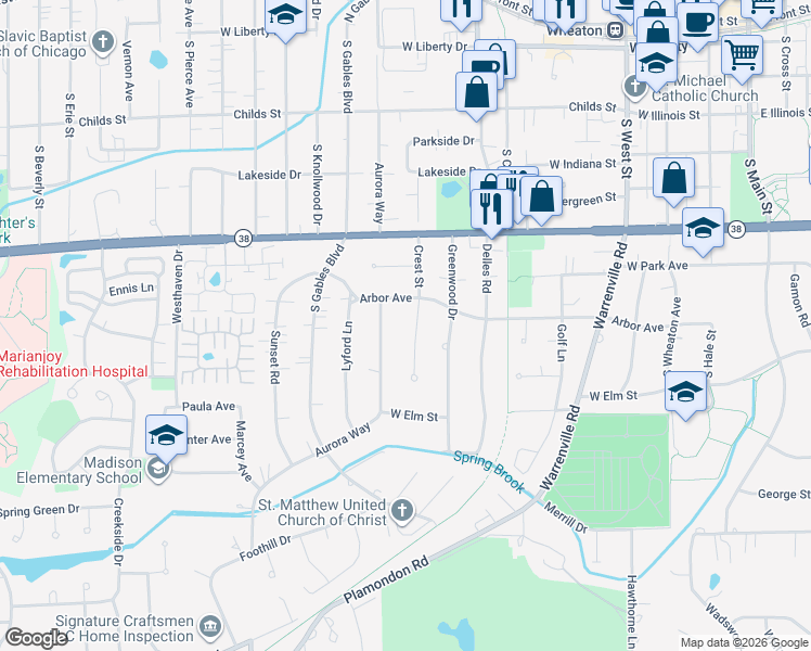 map of restaurants, bars, coffee shops, grocery stores, and more near 905 Aurora Way in Wheaton
