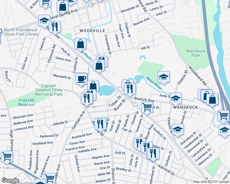 map of restaurants, bars, coffee shops, grocery stores, and more near 1081 Douglas Avenue in Providence