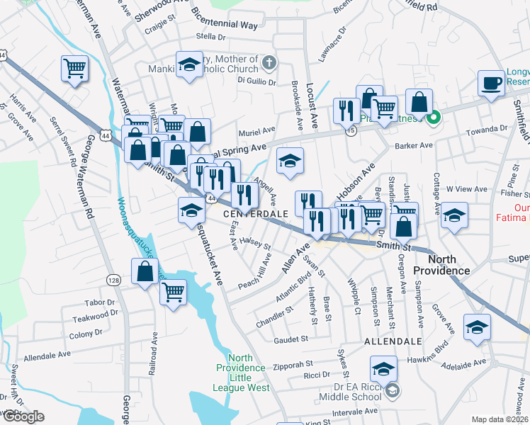 map of restaurants, bars, coffee shops, grocery stores, and more near 22R Angell Avenue in North Providence